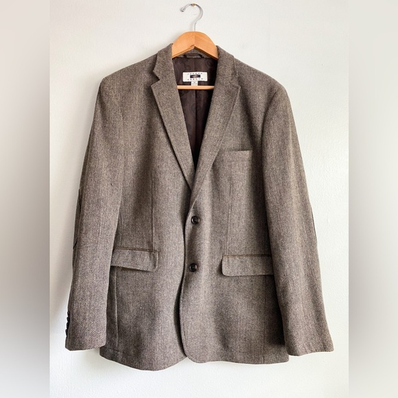 Joseph Abboud Tweed Herringbone Wool Blazer Sport Coat Jacket Brown Elbow Patch - Picture 2 of 12